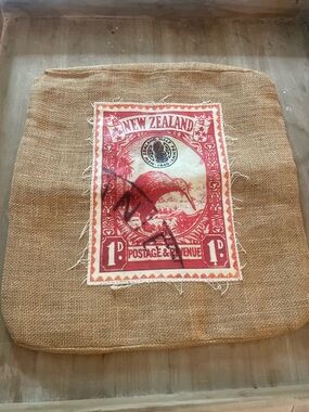 Decorative Burlap Pillow Cover Shabby  Chic with Red Kiwi Stamp Design